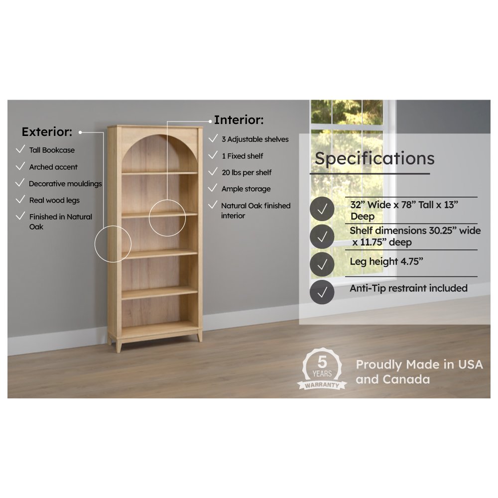 Ark 78" Tall 5-Tier Arched Bookcase Natural Oak with 3 Adjustable Shelves. Picture 7