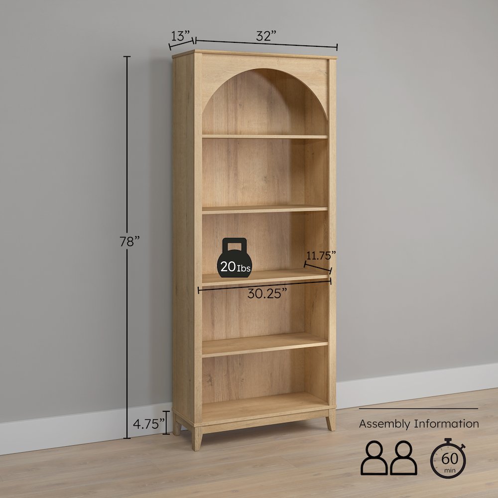 Ark 78" Tall 5-Tier Arched Bookcase Natural Oak with 3 Adjustable Shelves. Picture 4