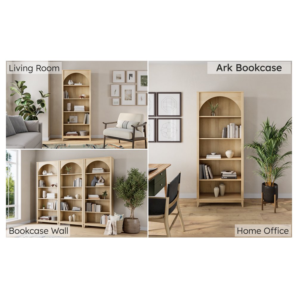 Ark 78" Tall 5-Tier Arched Bookcase Natural Oak with 3 Adjustable Shelves. Picture 9