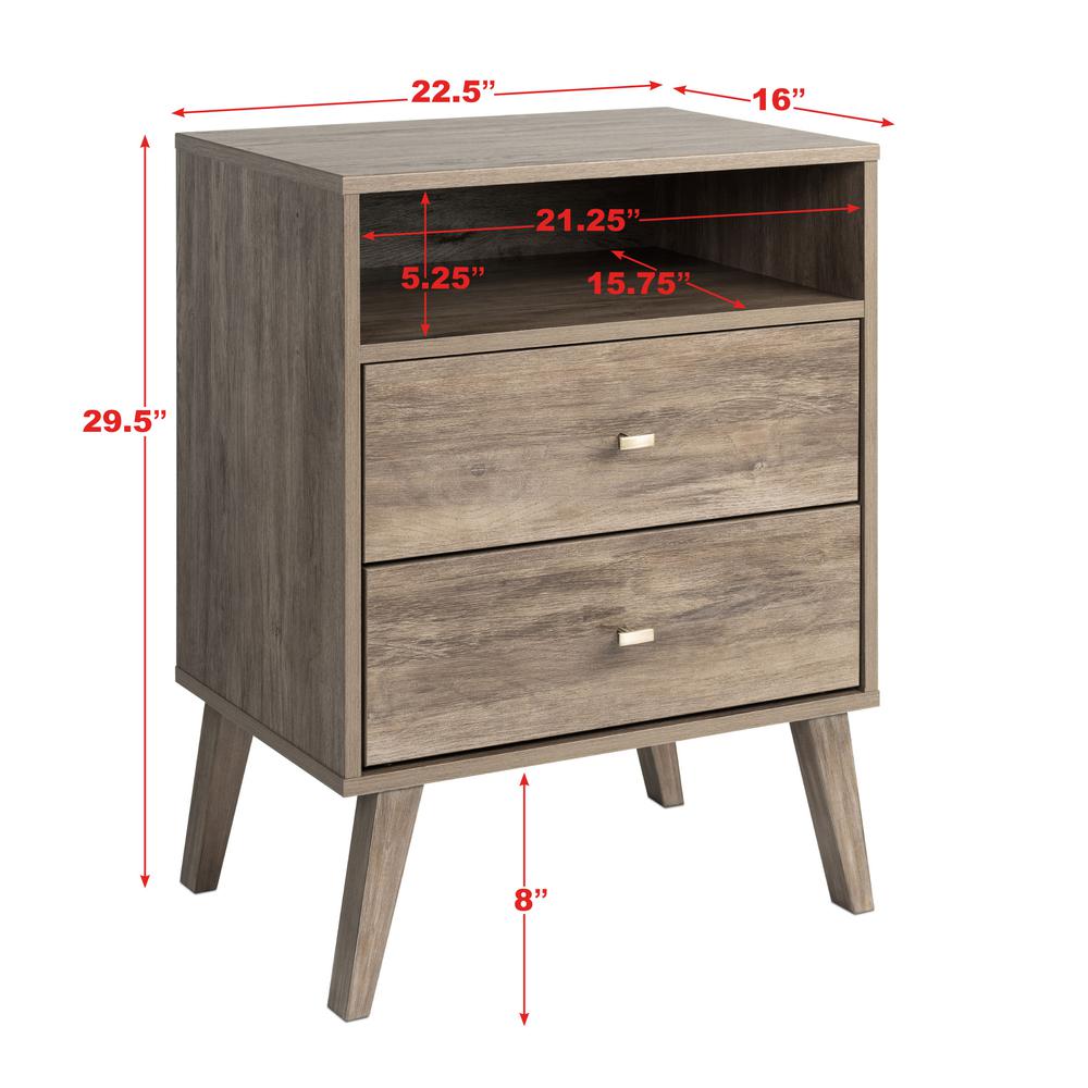 Milo Mid Century Modern  2-drawer Tall Nightstand with Open Shelf, Drifted Gray. Picture 8