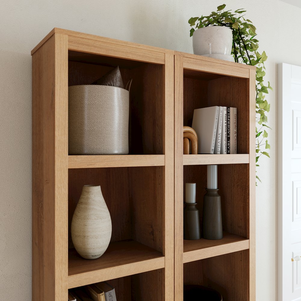 Moda 80" Tall 5 Tier Narrow Bookcase Natural Oak with 5 Shelves. Picture 10