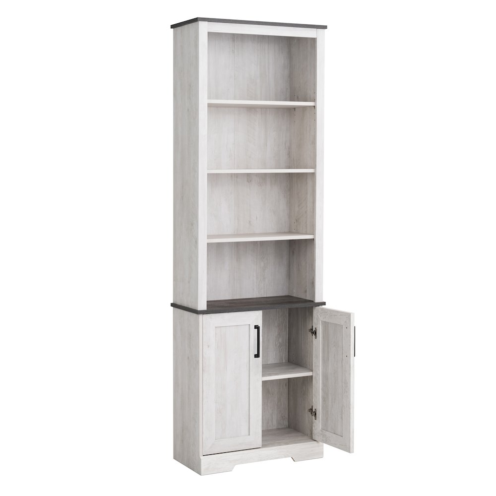 Rustic Ridge Bookcase with 2 Doors Washed White Engineered Wood Cabinet. Picture 10