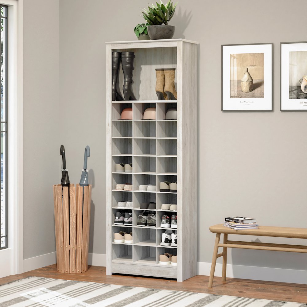 Washed White Shoe Cabinet, Storage Cabinet, Display Cabinet 13"D x 26"W x 72.5"H. Picture 6