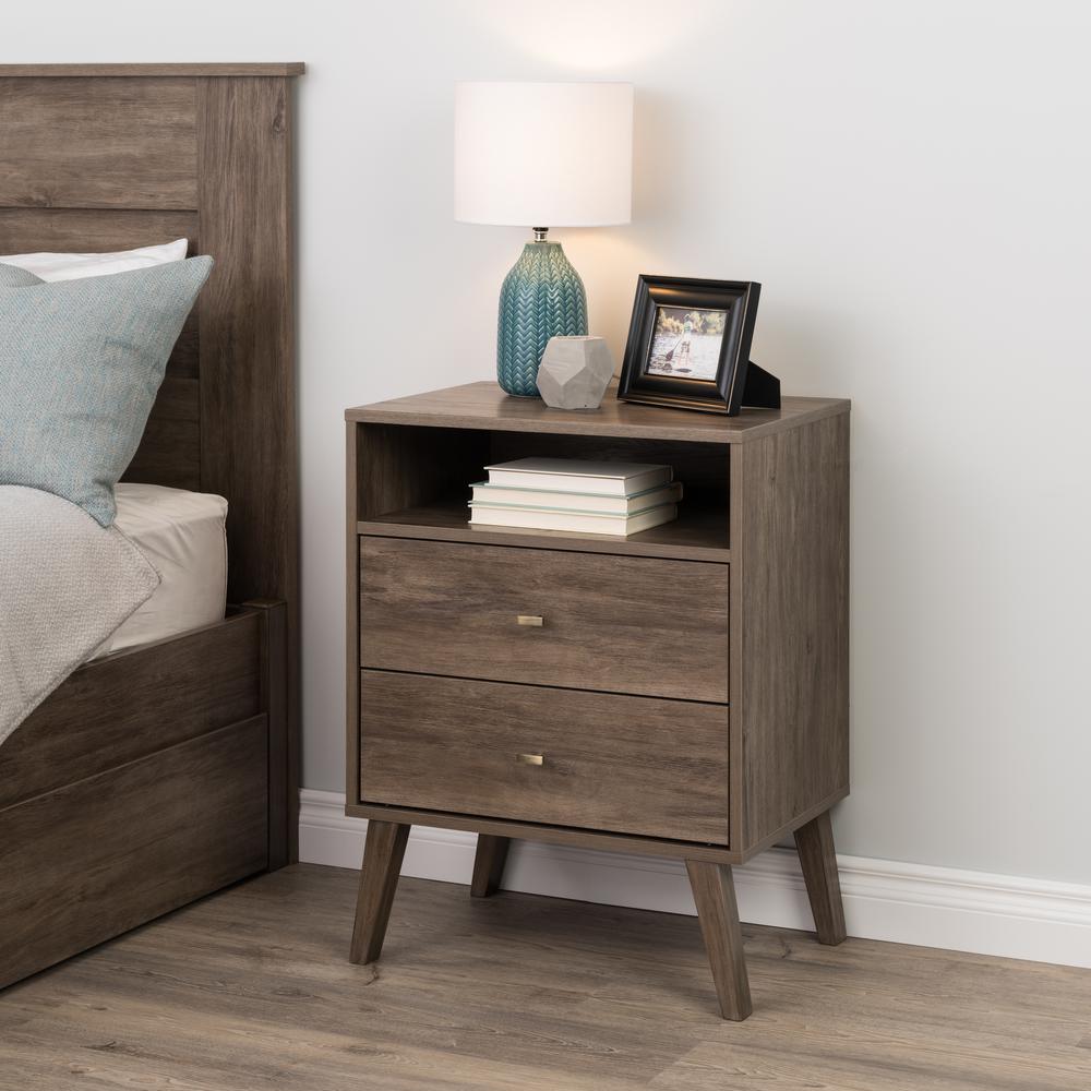 Milo Mid Century Modern  2-drawer Tall Nightstand with Open Shelf, Drifted Gray. Picture 4