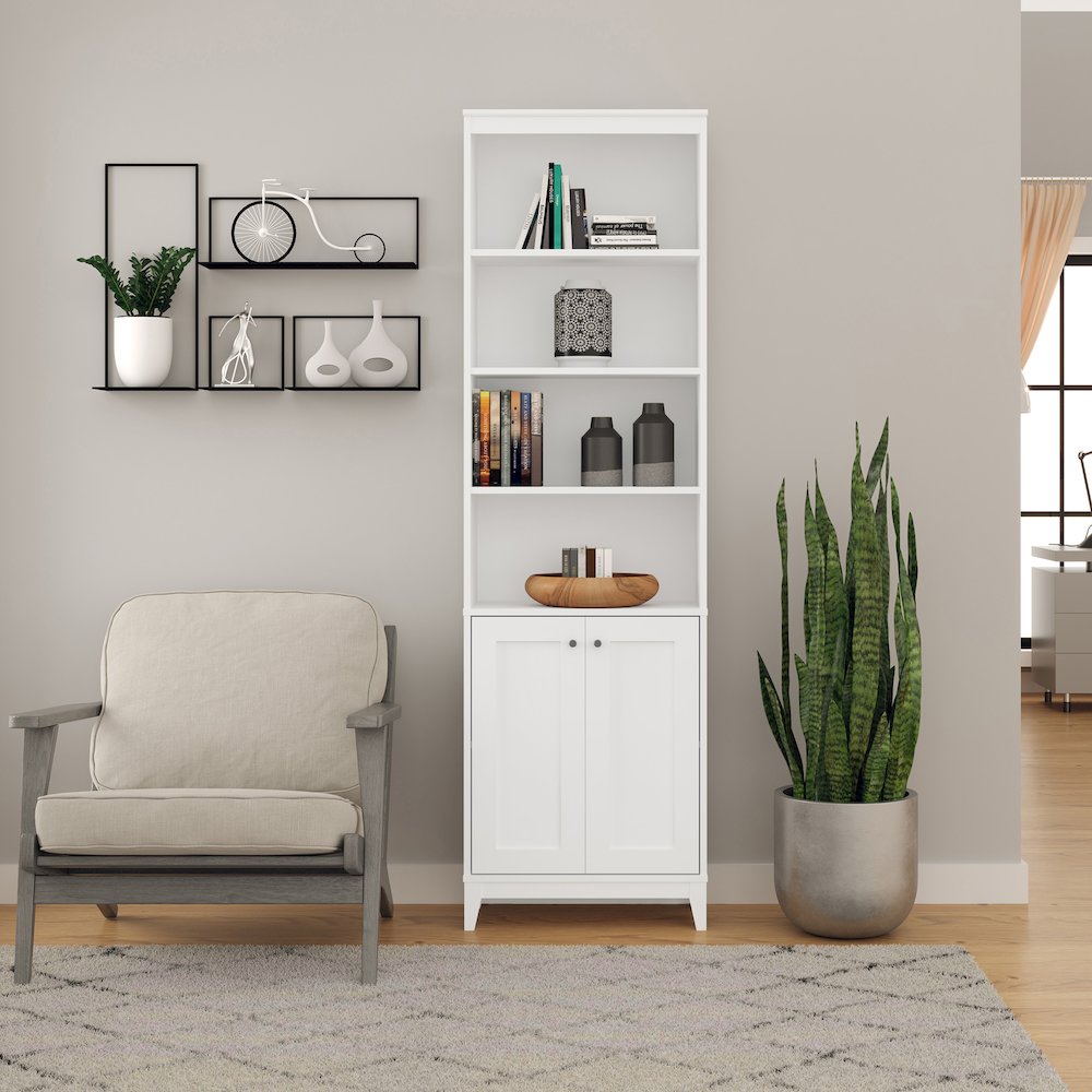 Yaletown 2-Door Bookcase with 3 Shelves White Engineered Wood Cabinet. Picture 9