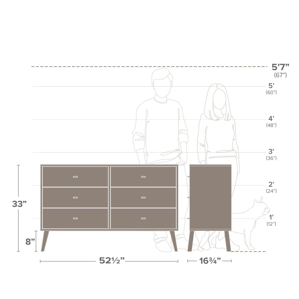 Milo Mid Century Modern  6-drawer Dresser, White. Picture 3