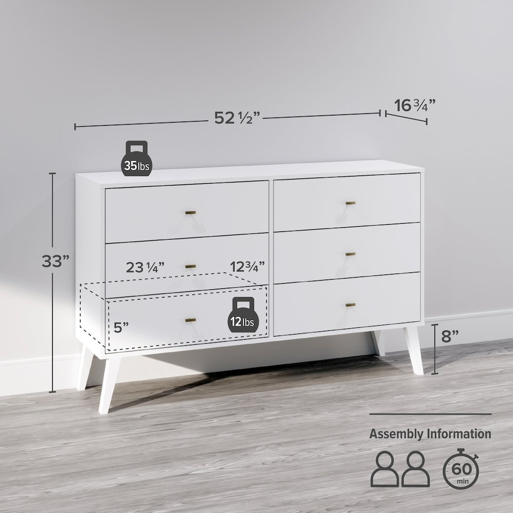 Milo Mid Century Modern  6-drawer Dresser, White. Picture 4