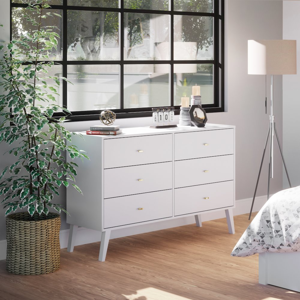 Milo Mid Century Modern  6-drawer Dresser, White. Picture 5