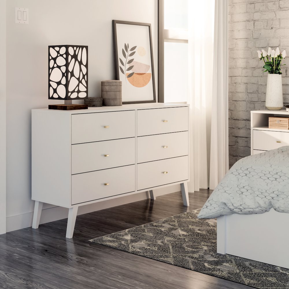 Milo Mid Century Modern  6-drawer Dresser, White. Picture 6