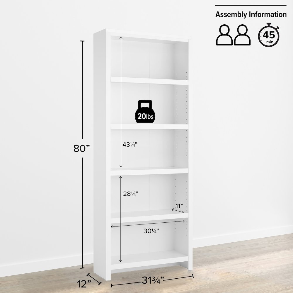 Moda 5-Tier Tall Bookcase White Engineered Wood Bookshelf with Storage. Picture 2