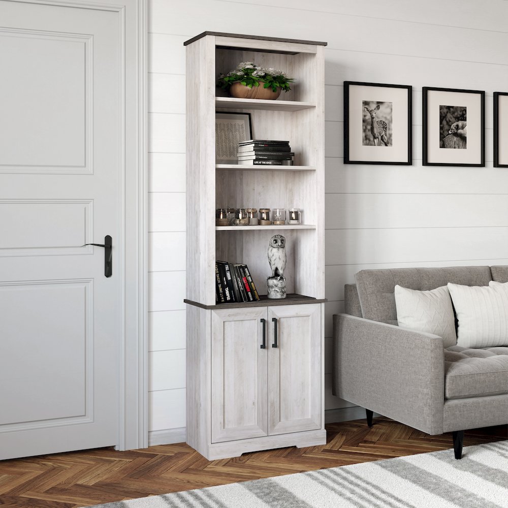 Rustic Ridge Bookcase with 2 Doors Washed White Engineered Wood Cabinet. Picture 8