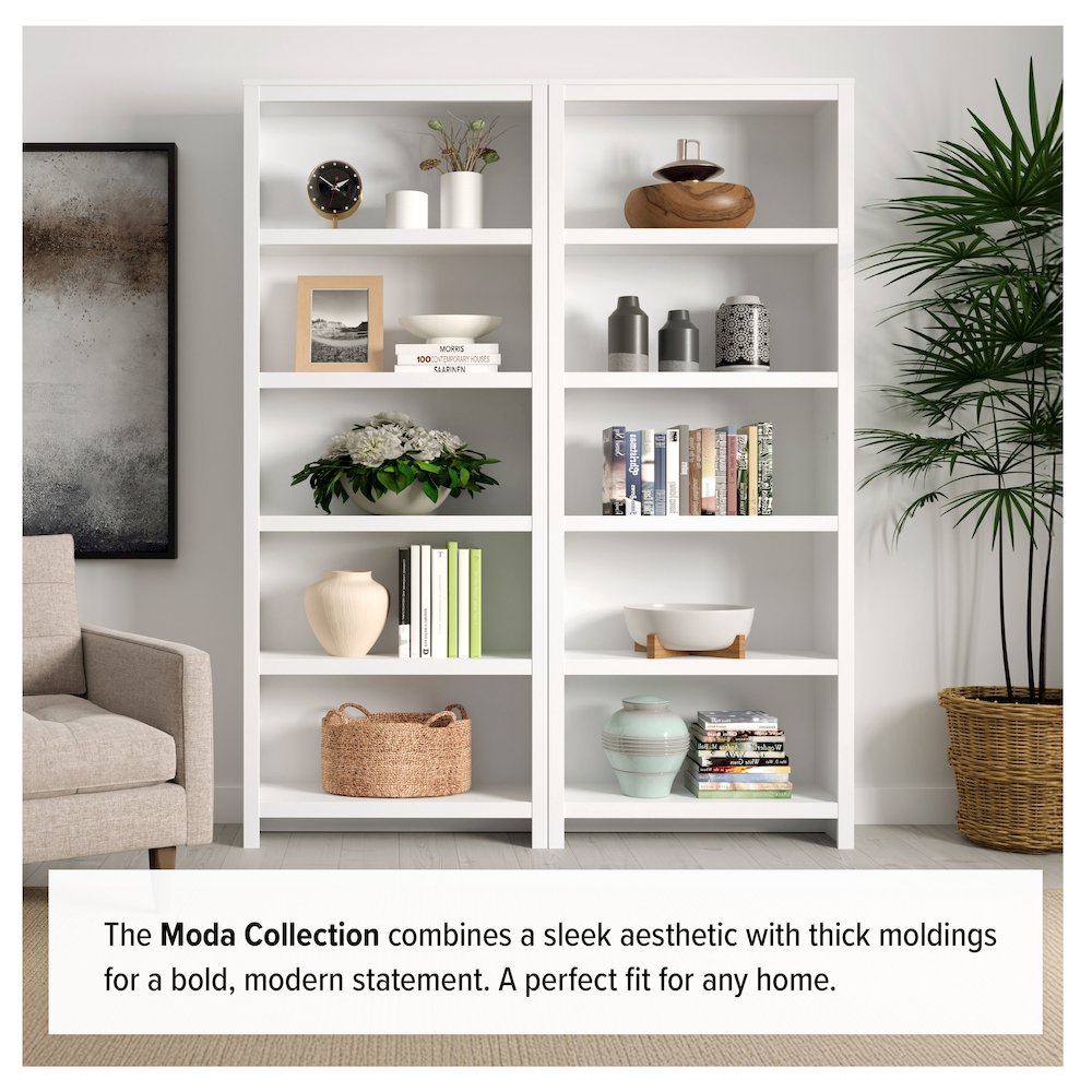 Moda 5-Tier Tall Bookcase White Engineered Wood Bookshelf with Storage. Picture 6