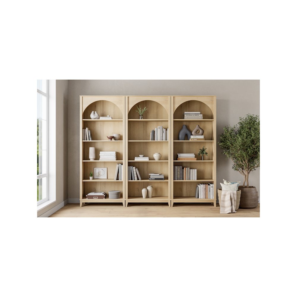 Ark 78" Tall 5-Tier Arched Bookcase Natural Oak with 3 Adjustable Shelves. Picture 10