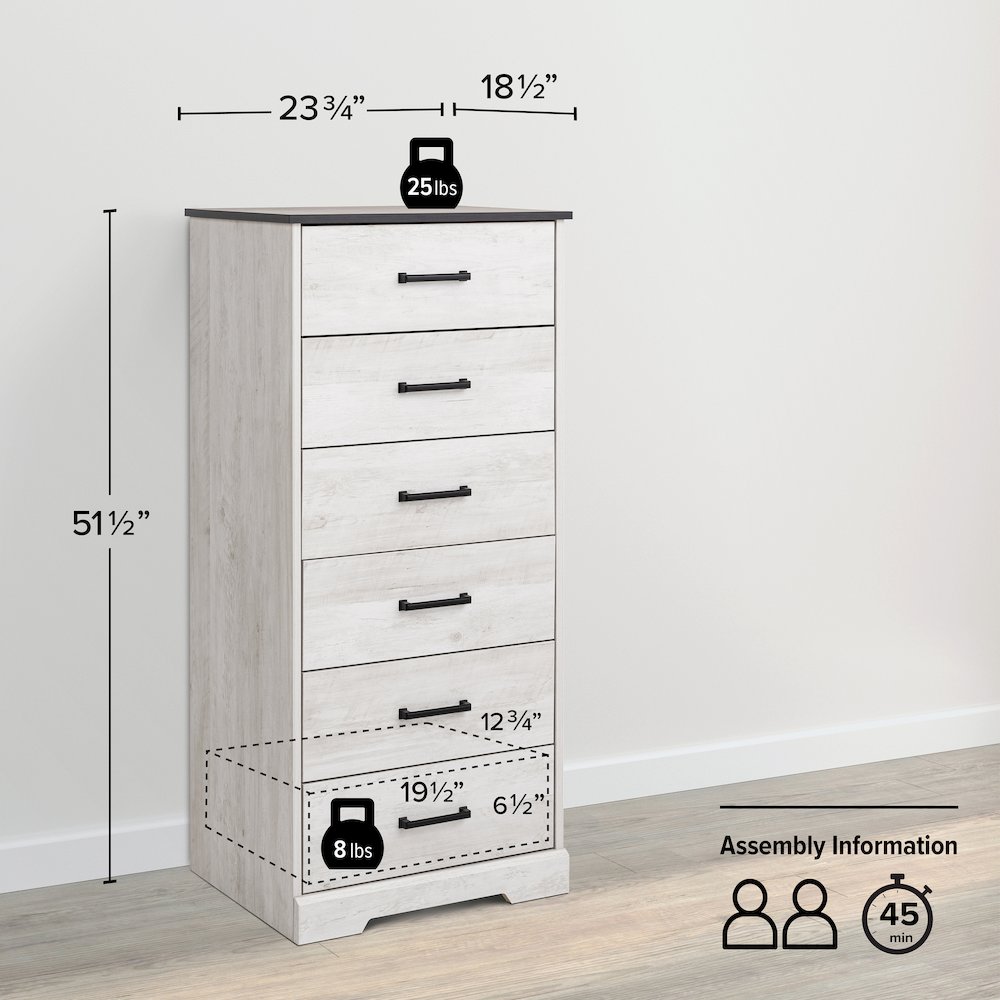Rustic Ridge Washed White 6 Drawer 18.5"D x 23.75"W x 51.5"H Dresser. Picture 4