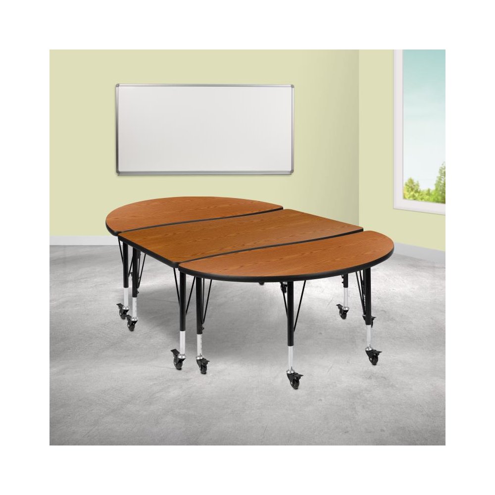 3 Piece Mobile 76" Oval Wave Flexible Oak Thermal Laminate Activity Table Set - Height Adjustable Short Legs. Picture 2