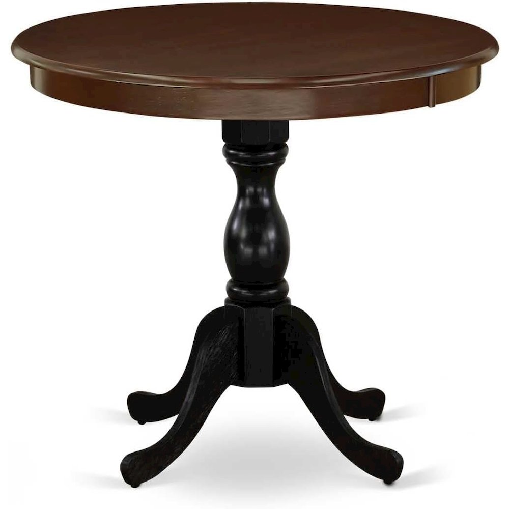 East West Furniture Antique 36" Round Dining Table for Compact Space - Mahogany Top & Black Pedestal. Picture 1
