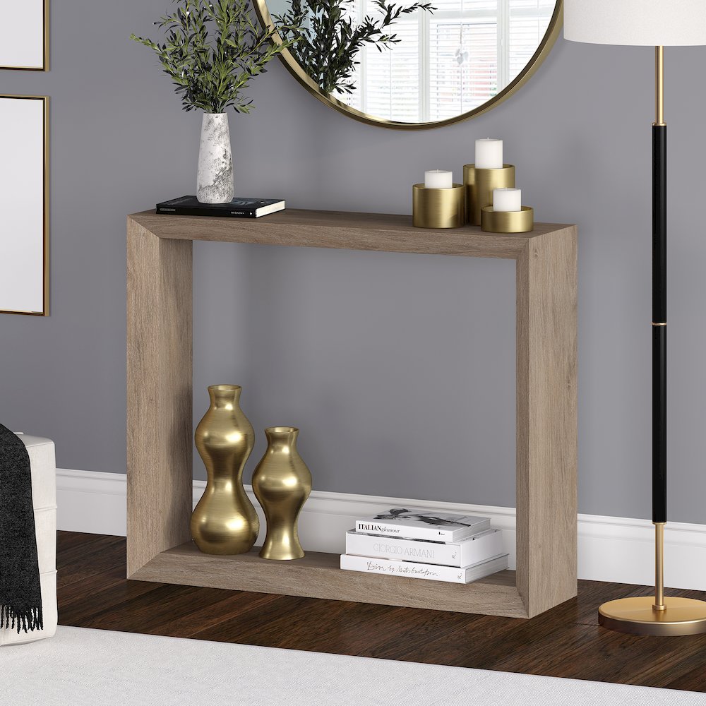 Osmond 36" Wide Rectangular Console Table in Antiqued Gray Oak. Picture 5
