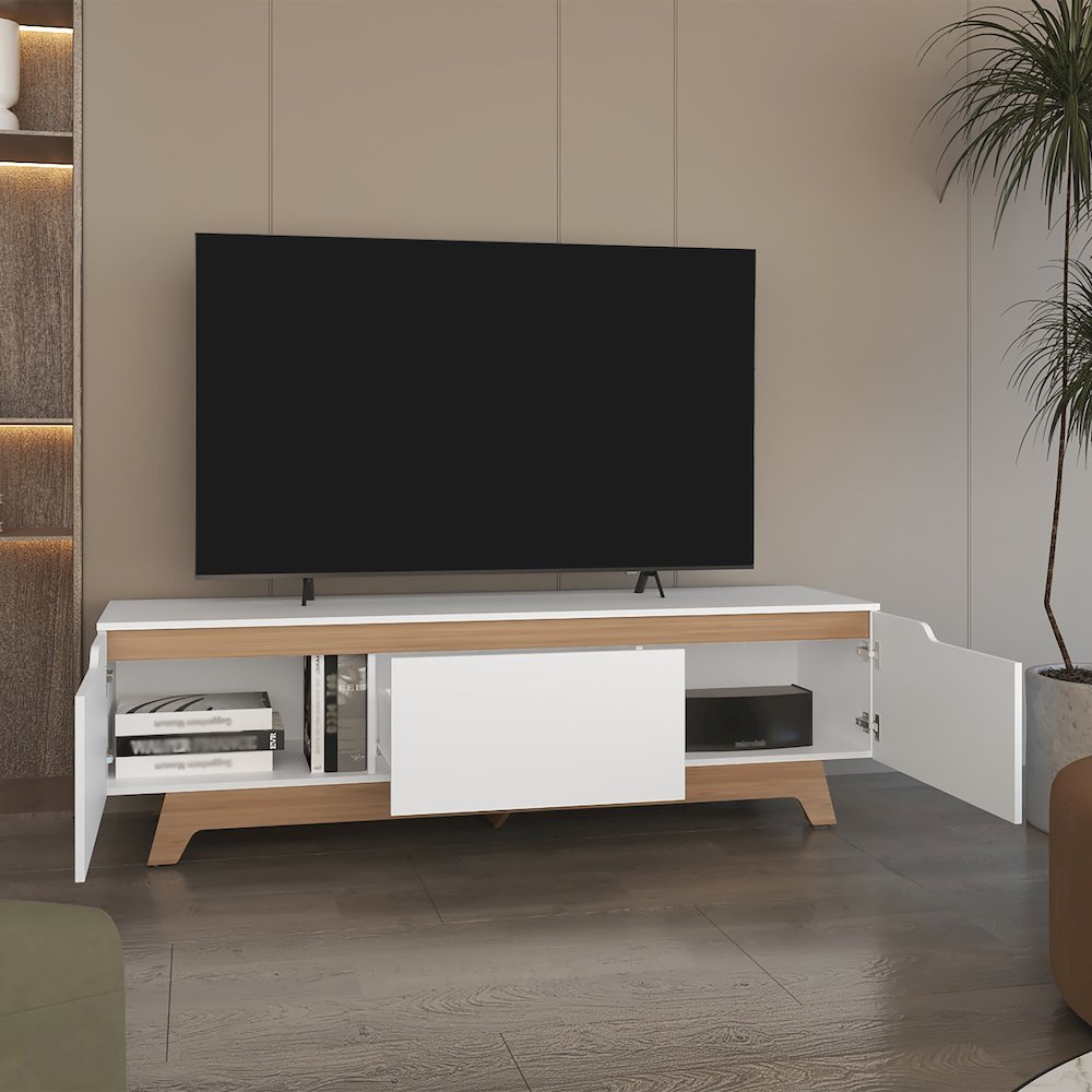 Curlew TV Stand, 2 Doors, 1 Drawer, White / Natural Oak. Picture 5