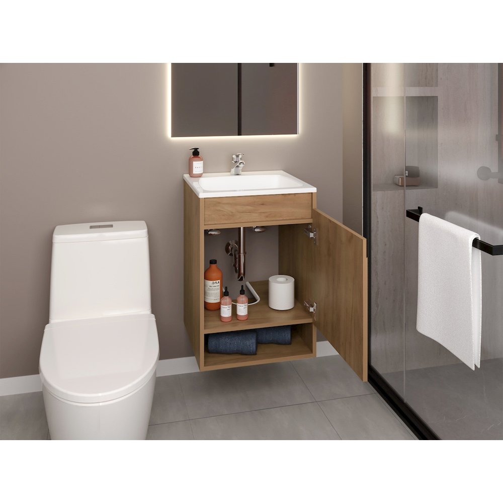 Elsie Bathroom Vanity, 1 Door, 2 Shelves, Natural Oak. Picture 5