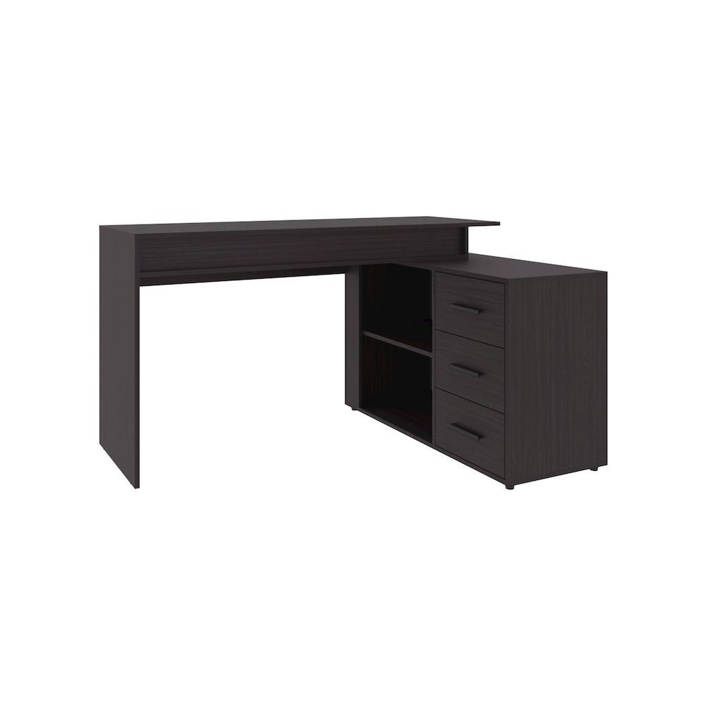 Neilton L-Shaped Desk, 3 Drawers, 2 Shelves, Black Wengue. Picture 1