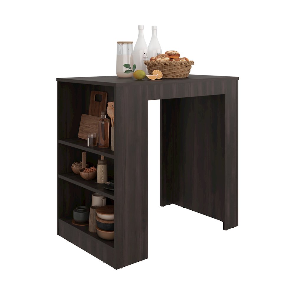 Lacour Kitchen Island, Kitchen Bar Table with 3-Side Shelves, Dark Walnut. Picture 5