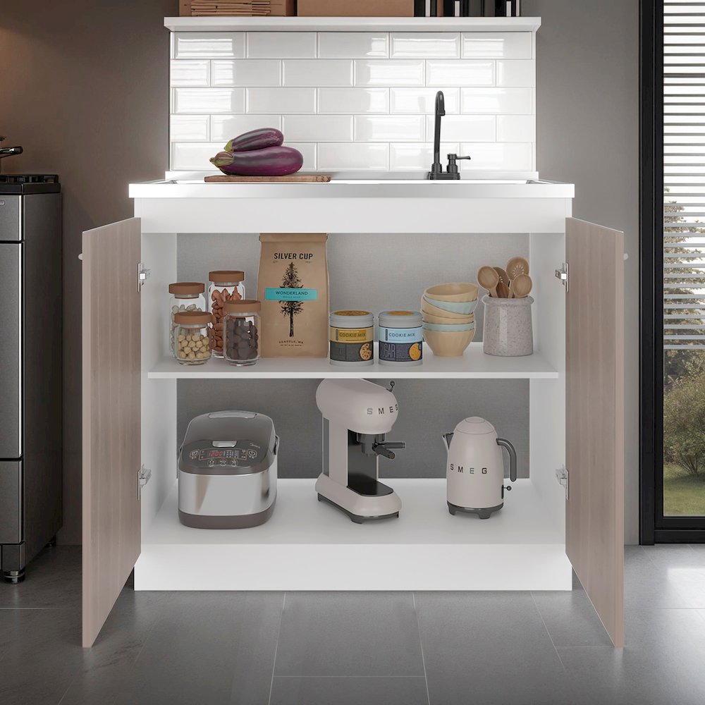 Salento Freestanding Sink, Double Door Cabinet, Two Shelves, White / Ligth Grey. Picture 2
