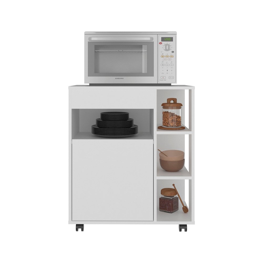 Microwave Cart with 5 Shelves, 1 Door, Cabinet Storage, Rolling Casters, White. Picture 8