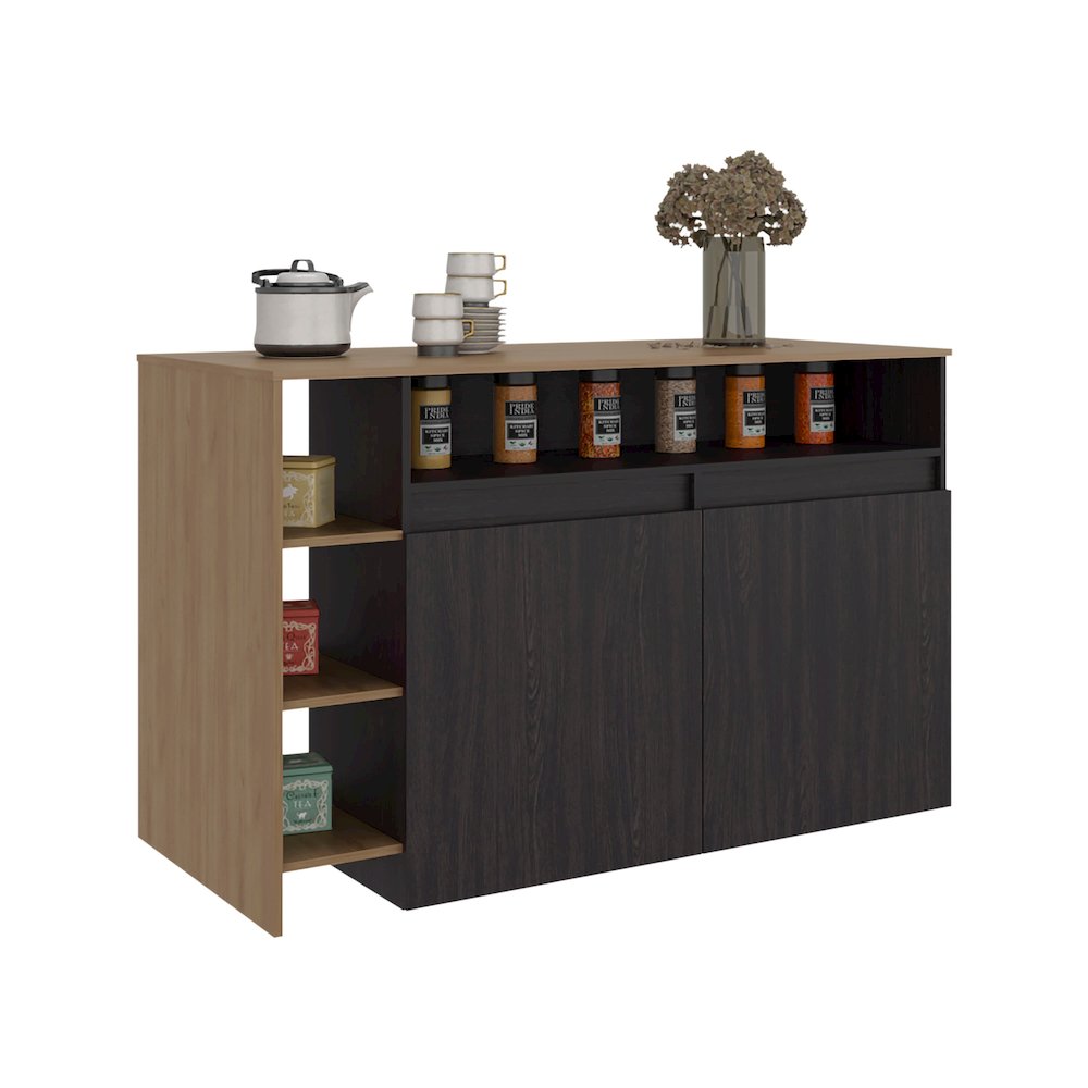 Kitchen Bar Counter with Ample Storage and Shelves, Black Wengue/Natural Oak. Picture 8