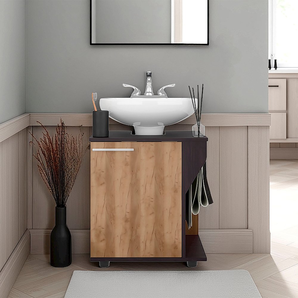 Enfield Under Sink Storage, 1 Door, 3 Shelves, Natural Oak / Black Wengue. Picture 4