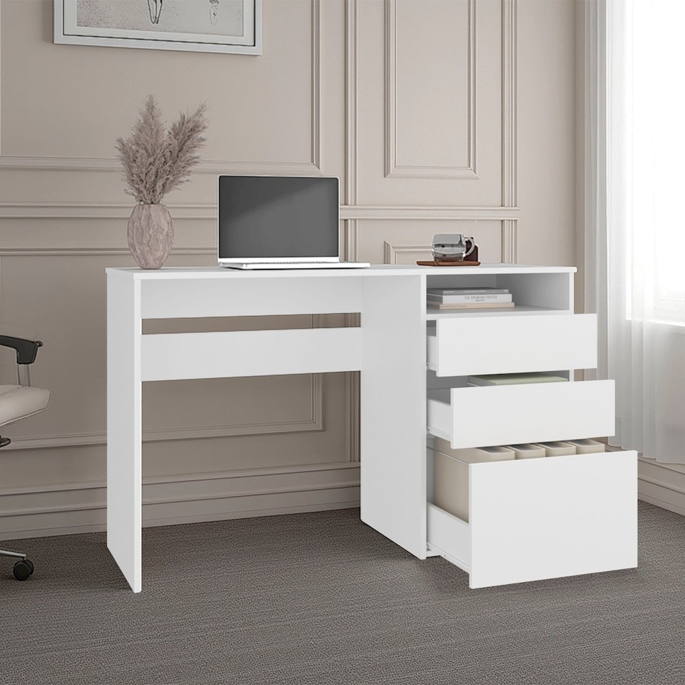 Kenai 3 Drawers Computer Desk, One Shelf, White. Picture 2