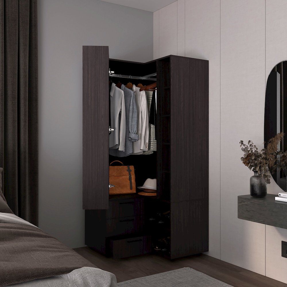 Granger Armoire, 1 Door, 3 Drawers, 7 Shelves, 10 Legs, Black Wengue. Picture 5