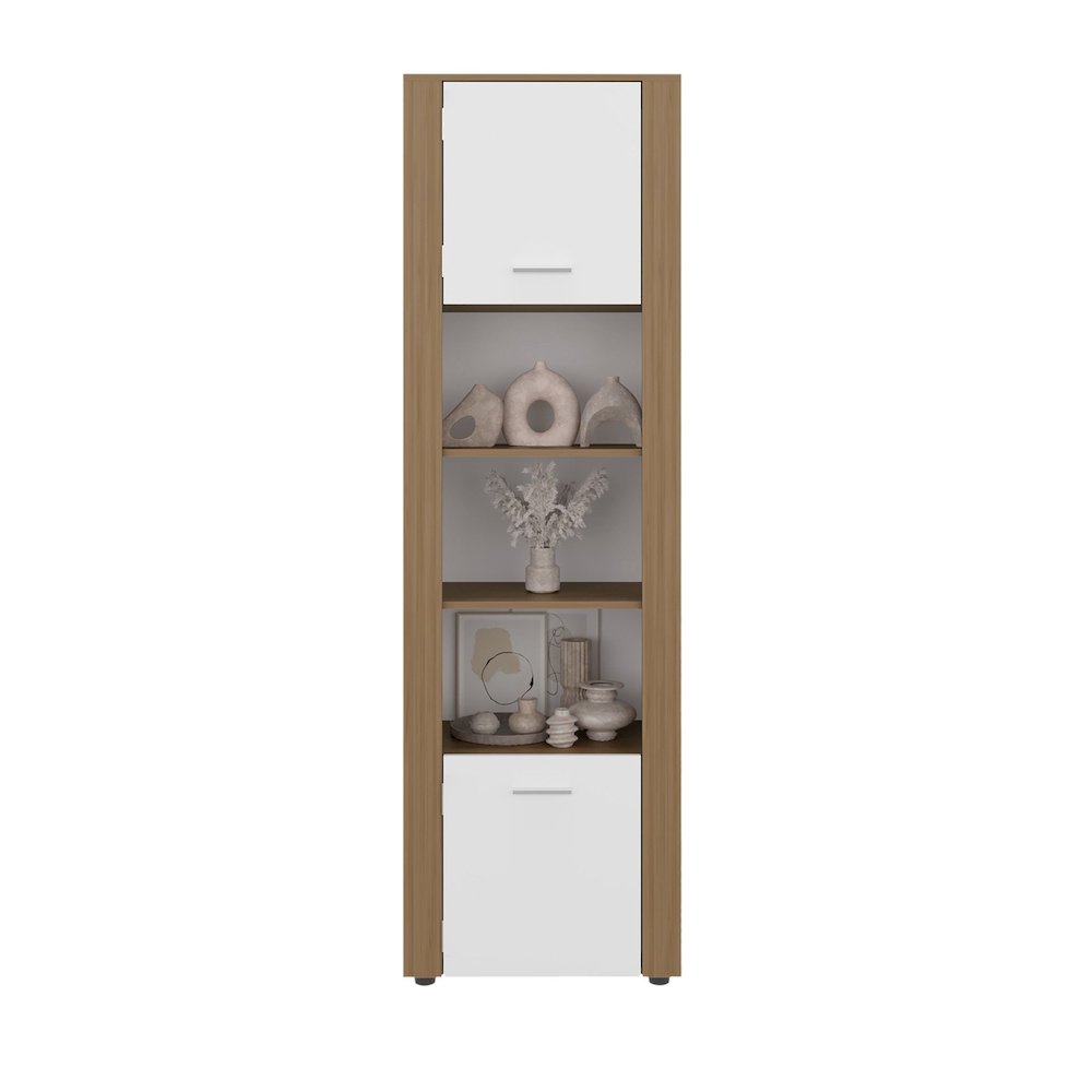 Bookcase with Upper and Lower Doors, Open Display Shelves, Natural Oak / White. Picture 3