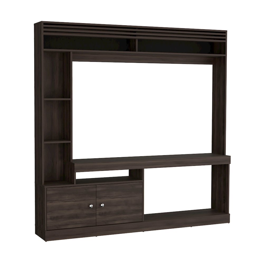Oberlin Entertainment Center, 2 Doors, 6 Shelves, 65" TV Capacity, Walnut. Picture 1