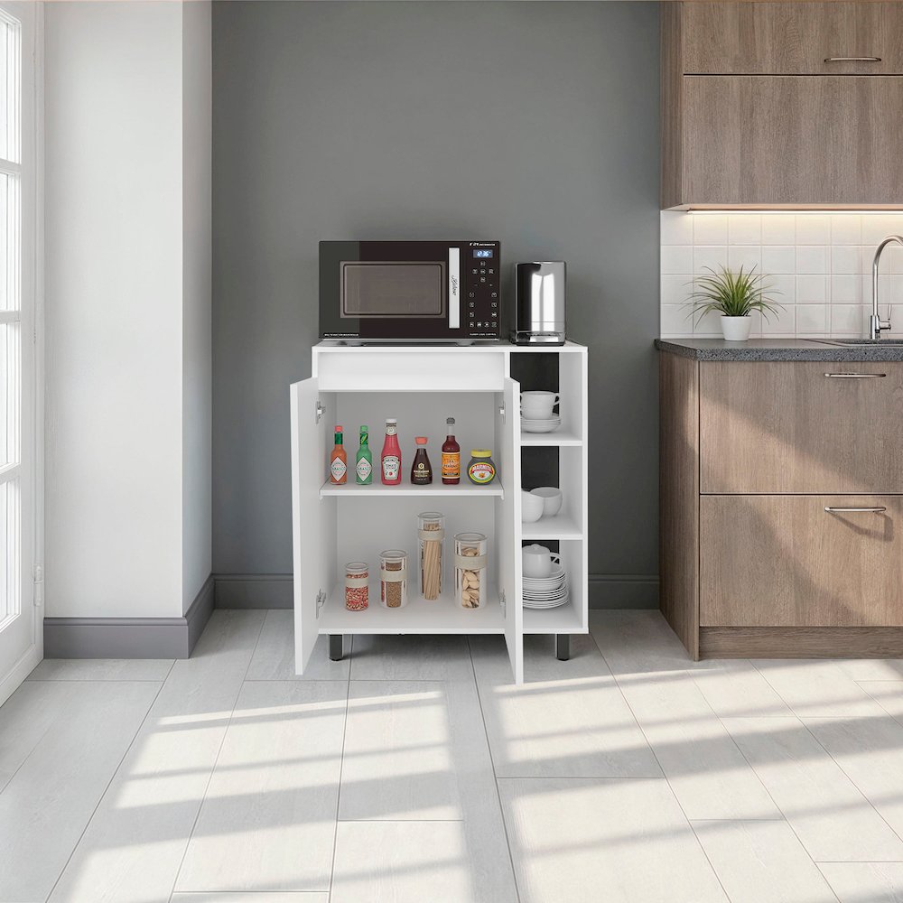 Hazen Microwave Stand with 1 Storage Cabinet, 5 Shelves and 2 Doors, White. Picture 2