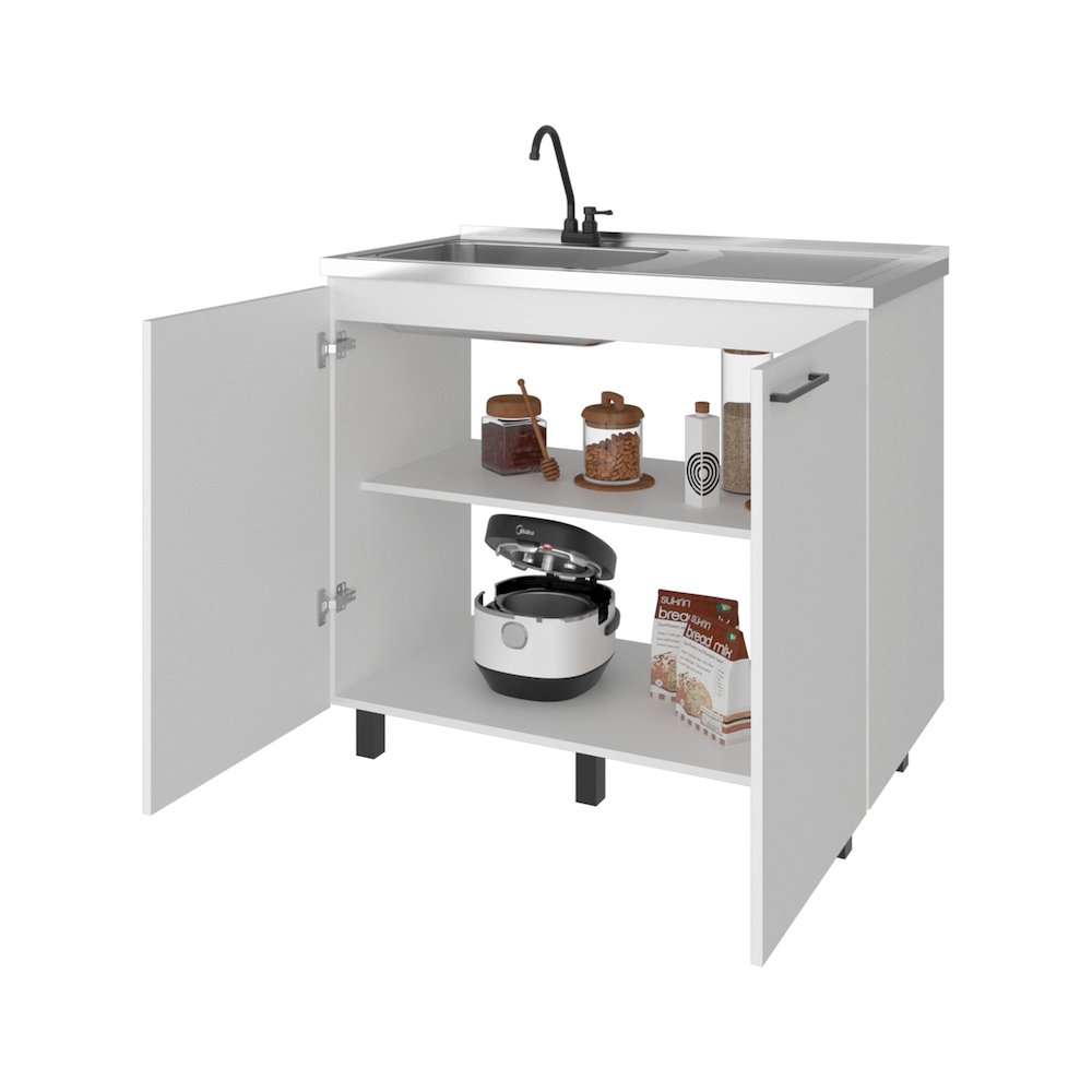 Freestanding Utility Base Cabinet, Stainless Steel Countertop, 2-Door, White. Picture 7