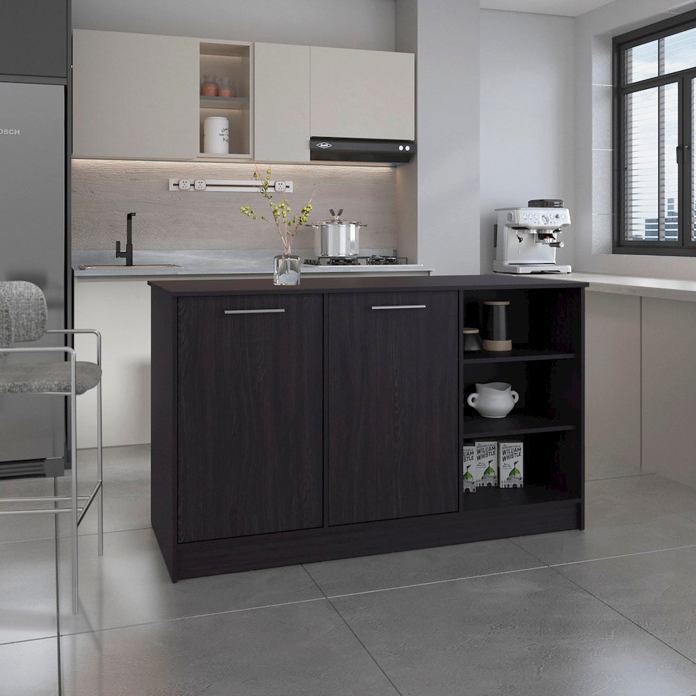 Mars Kitchen Island Two Cabinets, Three Open Shelves, Black Wengue. Picture 6