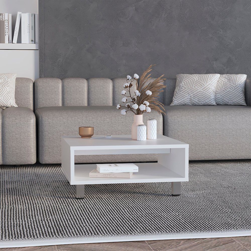 Chiniak Coffee Table, 1 shelf, 4 legs, White. Picture 6