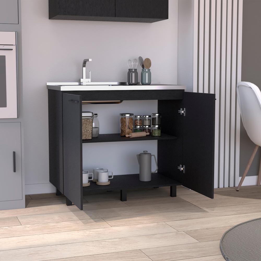 DEPOT E-SHOP Salento 2 Freestanding Utility Base Cabinet with Stainless Steel Countertop and 2-Door, Black. Picture 6