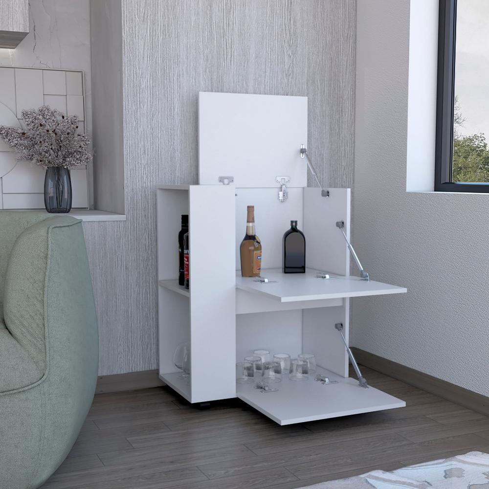 Tully Bar Cart Two Pull-Down Door Cabinets and Two Open Shelves,White. Picture 7