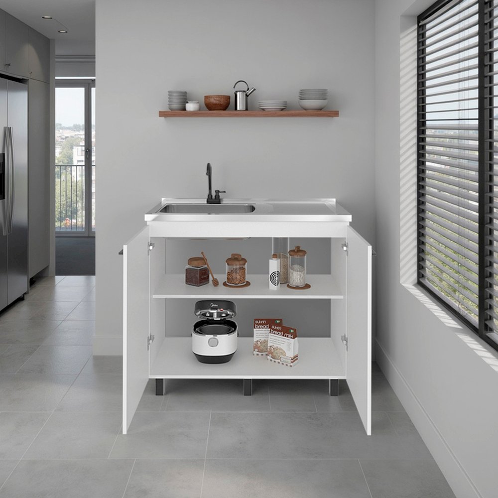 Freestanding Utility Base Cabinet, Stainless Steel Countertop, 2-Door, White. Picture 2