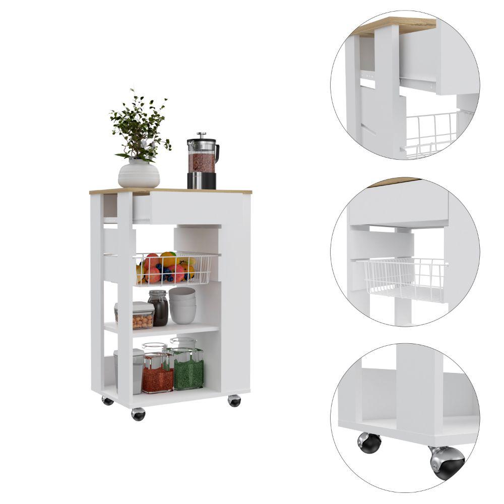 DEPOT E-SHOP Rosemont Kitchen Cart, Two Open Shelves, Rack, Four Caster Wheels, One Drawer-White-Light Oak, For Kitchen. Picture 3