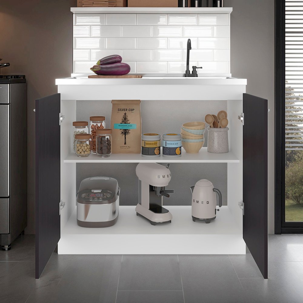 Salento Freestanding Sink, Double Door Cabinet, Two Shelves, White/Black Wengue. Picture 2