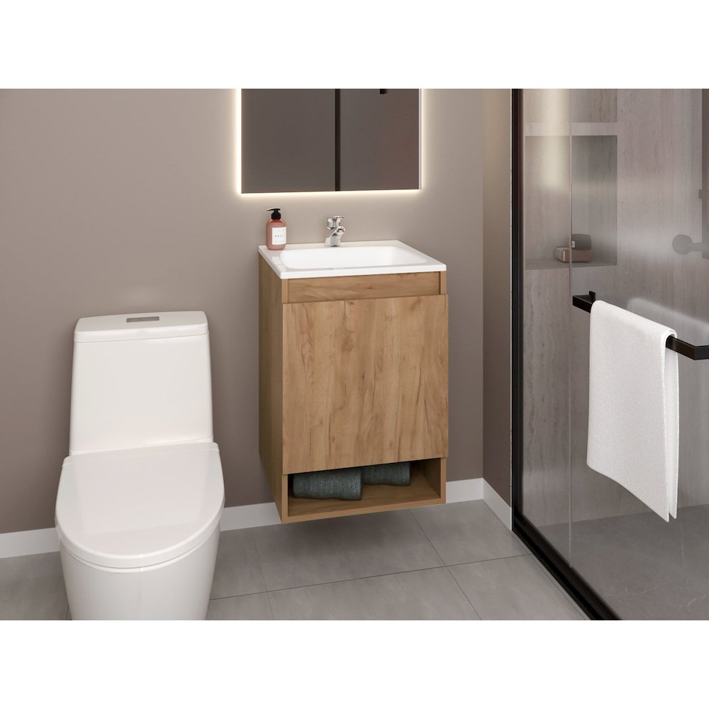 Elsie Bathroom Vanity, 1 Door, 2 Shelves, Natural Oak. Picture 4