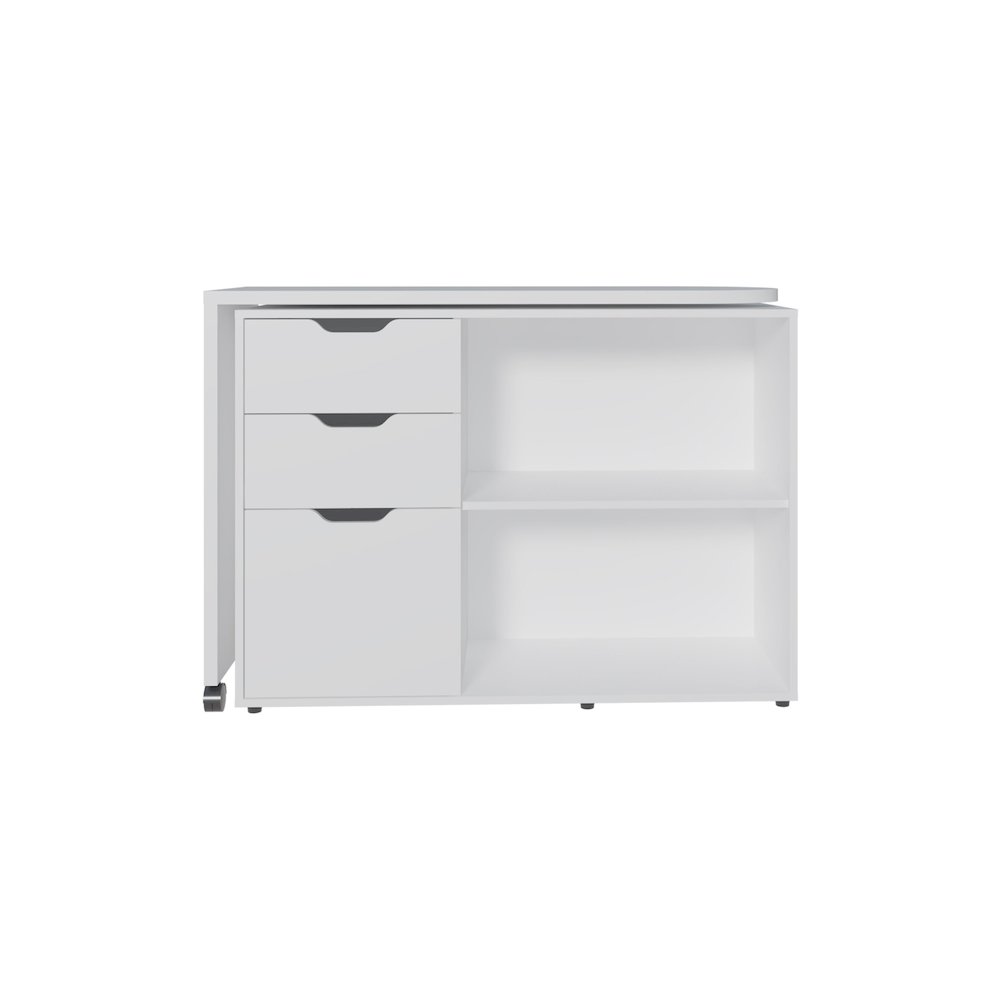 Lamont Rotable Desk 31.7" H, 1 Door, 2 Drawers, 2 Shelves, 2 Wheels, White. Picture 3