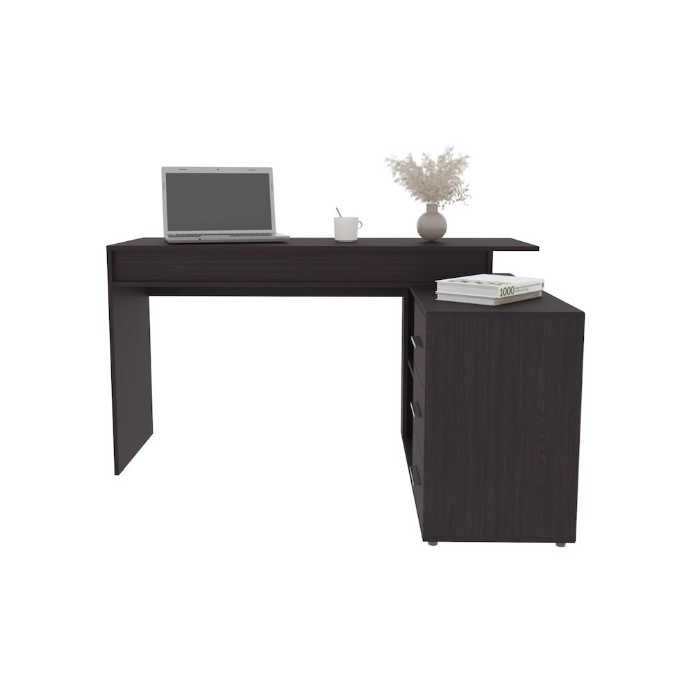Neilton L-Shaped Desk, 3 Drawers, 2 Shelves, Black Wengue. Picture 2