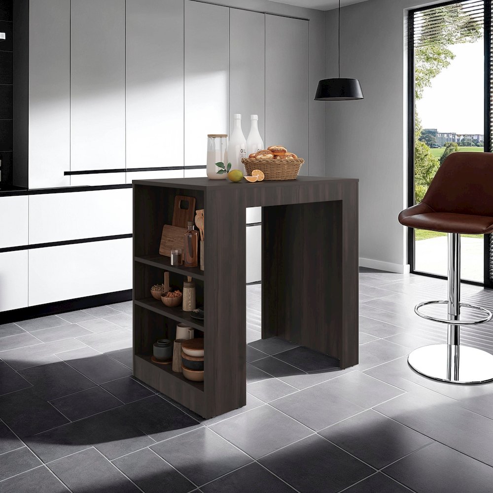 Lacour Kitchen Island, Kitchen Bar Table with 3-Side Shelves, Dark Walnut. Picture 1