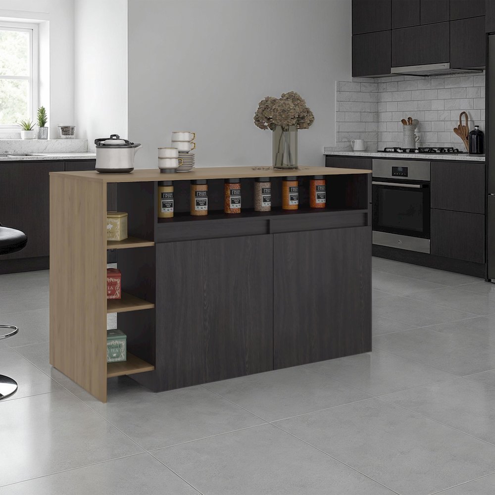 Kitchen Bar Counter with Ample Storage and Shelves, Black Wengue/Natural Oak. Picture 1