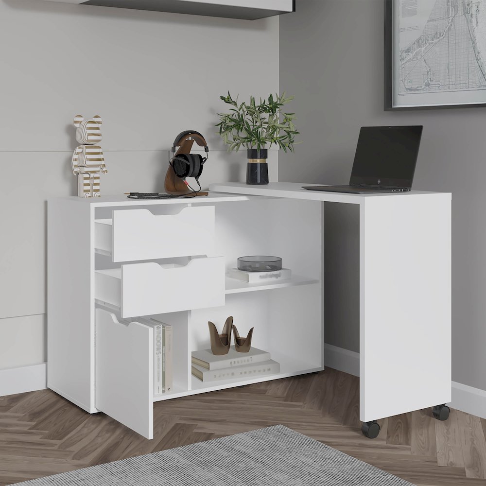 Lamont Rotable Desk 31.7" H, 1 Door, 2 Drawers, 2 Shelves, 2 Wheels, White. Picture 2