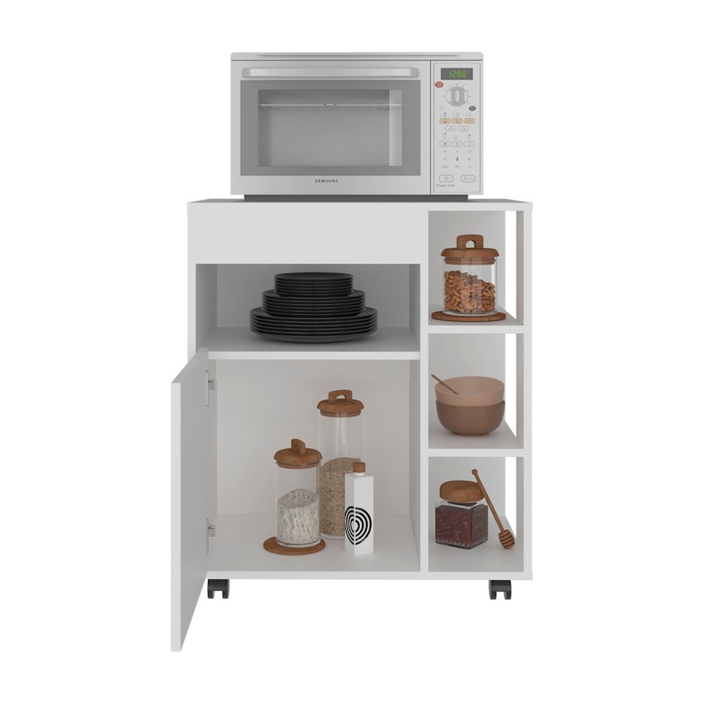 Microwave Cart with 5 Shelves, 1 Door, Cabinet Storage, Rolling Casters, White. Picture 4