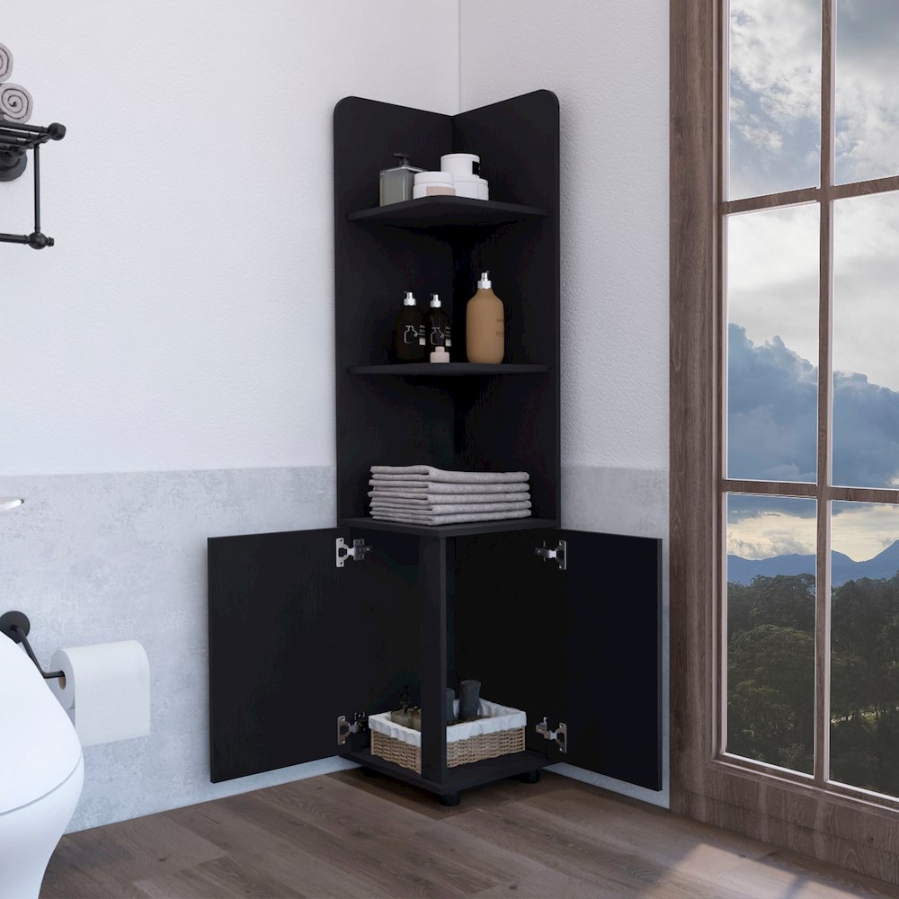 62H" Tall Corner Cabinet with 3-Tier Shelf and 2-Door, Black. Picture 5